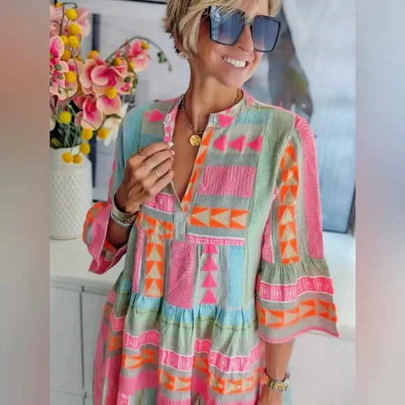 NEW Boho Embroidered Colorful Geometric Patterned Women's Dress - Picture 3 of 5